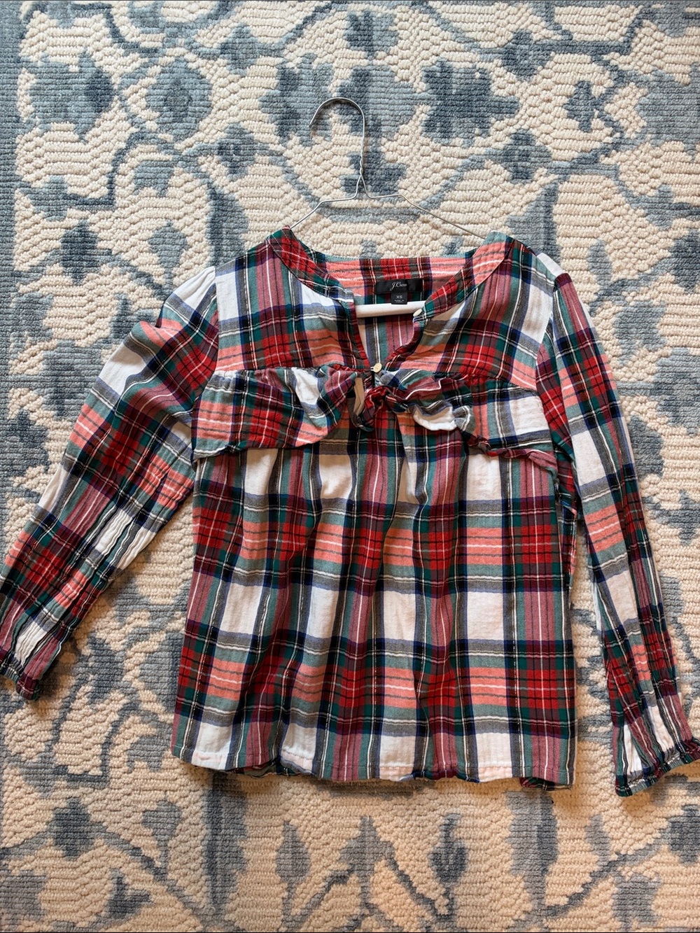 J. Crew Red Plaid Bow-Front Long-Sleeve Blouse